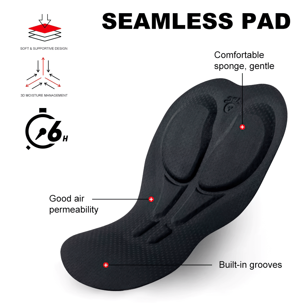 Seamless cycling pad with 3D moisture management, good air permeability, and built-in grooves for comfort and support.