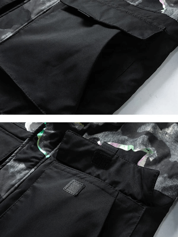 Close-up of black ski jacket patch pockets with camouflage detail, highlighting durable and breathable polyester fabric.