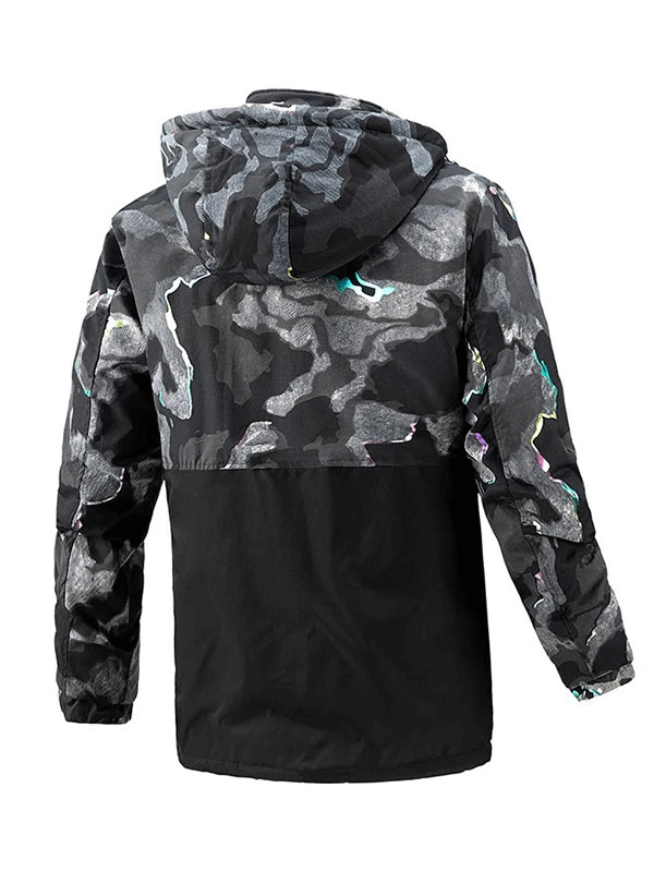 Camouflage male double-sided hooded ski jacket with patch pockets, designed for breathable and windproof performance on slopes.