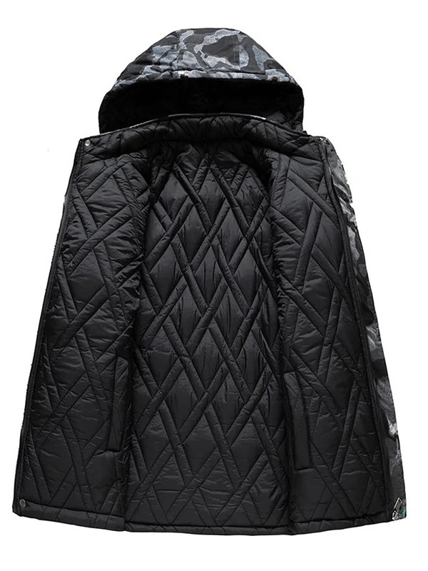 Open view of male double-sided hooded ski jacket SF1888, showcasing quilted interior and patch pockets for skiing.