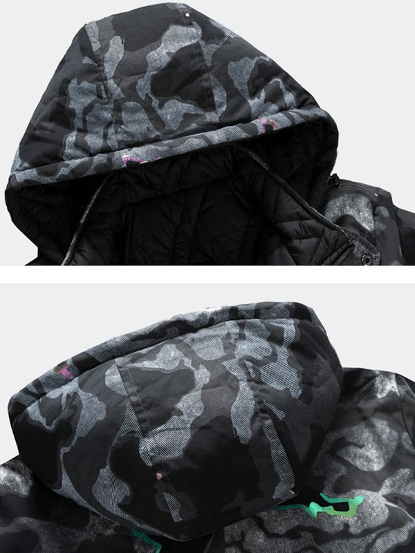 Camouflage hood of male double-sided hooded ski jacket SF1888 showcasing polyester material and windproof design.