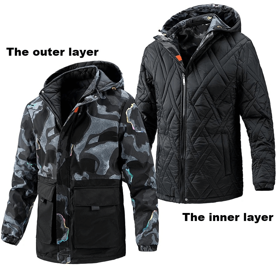 Double-sided hooded ski jacket with patch pockets, showing camo outer layer and black inner layer for men, SF1888.
