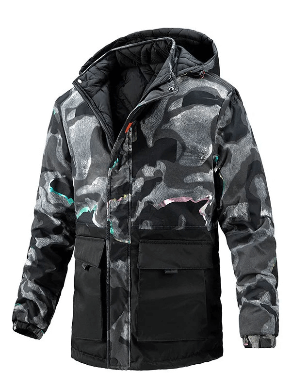 Male double-sided hooded ski jacket SF1888 with patch pockets, camo pattern, breathable and windproof, perfect for the slopes.