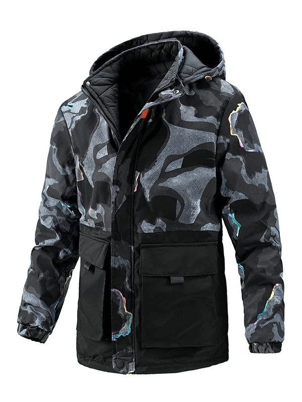 Camouflage styled male hooded ski jacket SF1888 with patch pockets, windproof polyester, double-sided design for skiing.