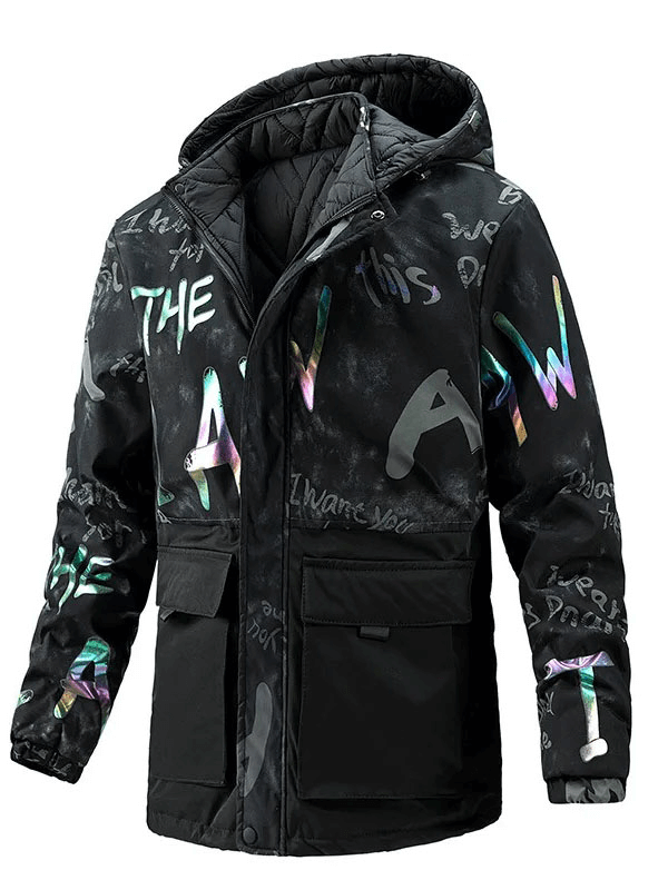 Stylish black double-sided hooded ski jacket with colorful print and patch pockets for men, model SF1888.