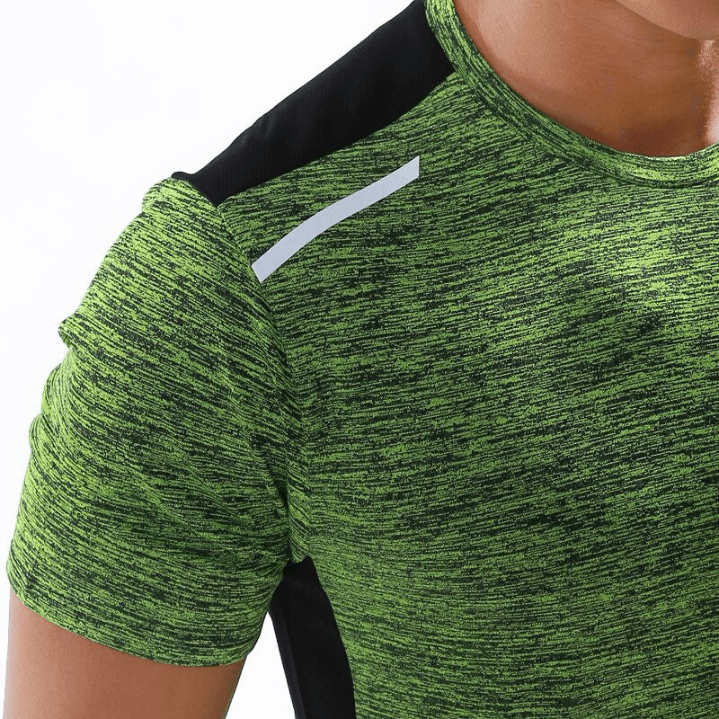 Green male elastic breathable short sleeve sports T-shirt SF1509, featuring muscle-fit design in lightweight quick-dry polyester.