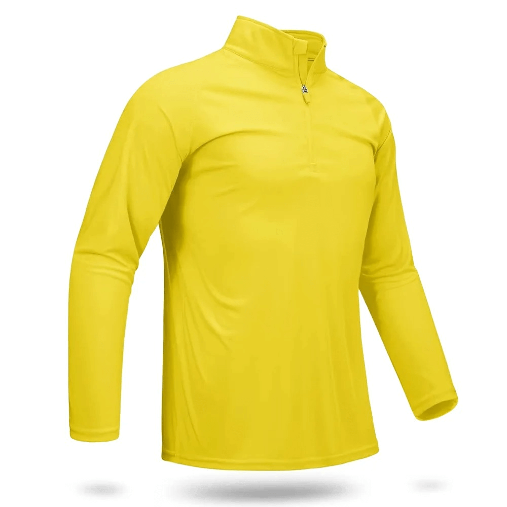Yellow men's long-sleeve 1/4 zip quick-dry performance top for fishing and hiking with UV protection.