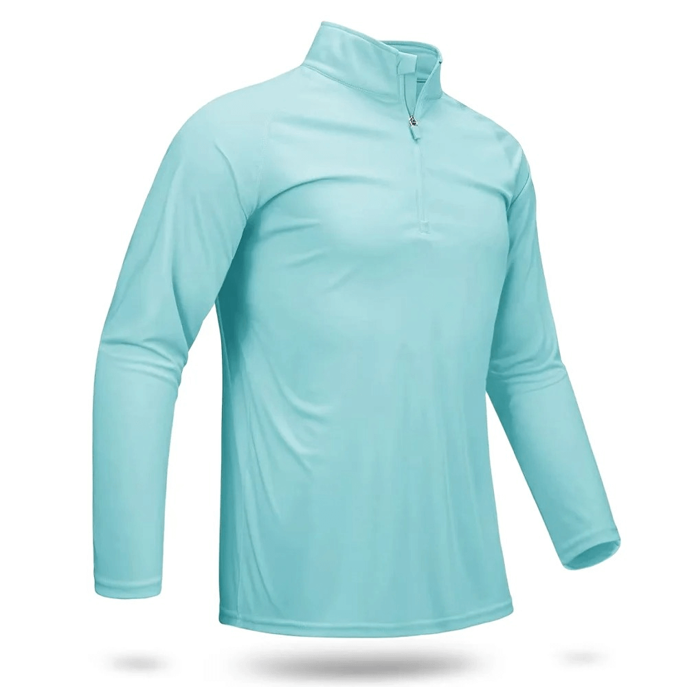 Men's turquoise long sleeve 1/4 zip quick dry performance top with UV protection for fishing and hiking.