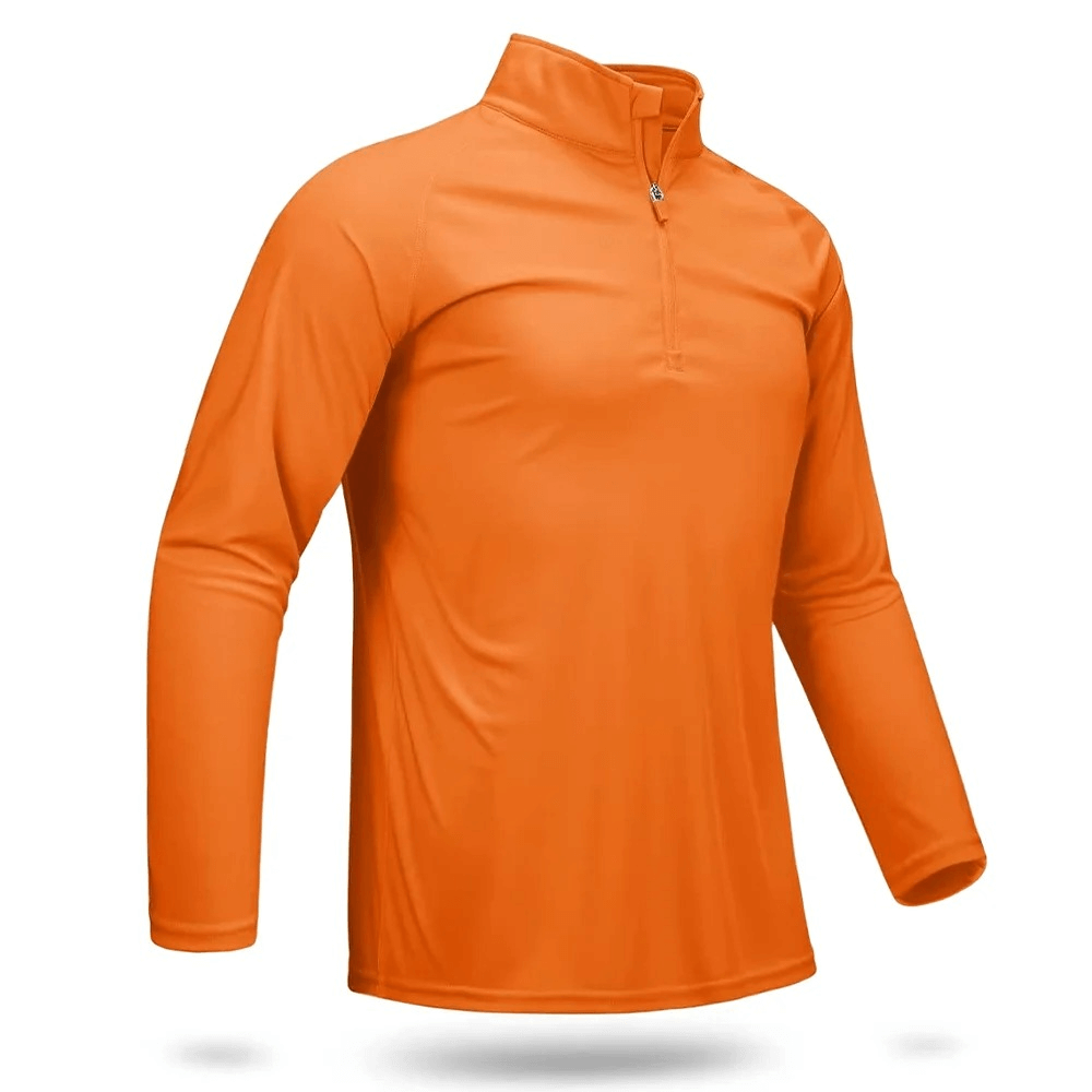 Orange men's long sleeve zip quick dry performance top with UV protection for outdoor activities like fishing and hiking.
