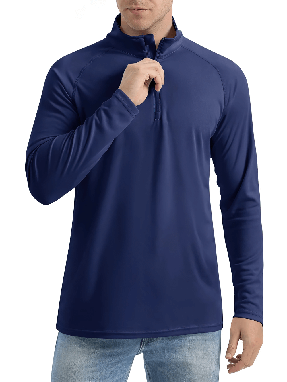 Man wearing a navy blue long sleeve zip quick dry performance top, ideal for fishing and hiking with UV protection and breathable fabric.