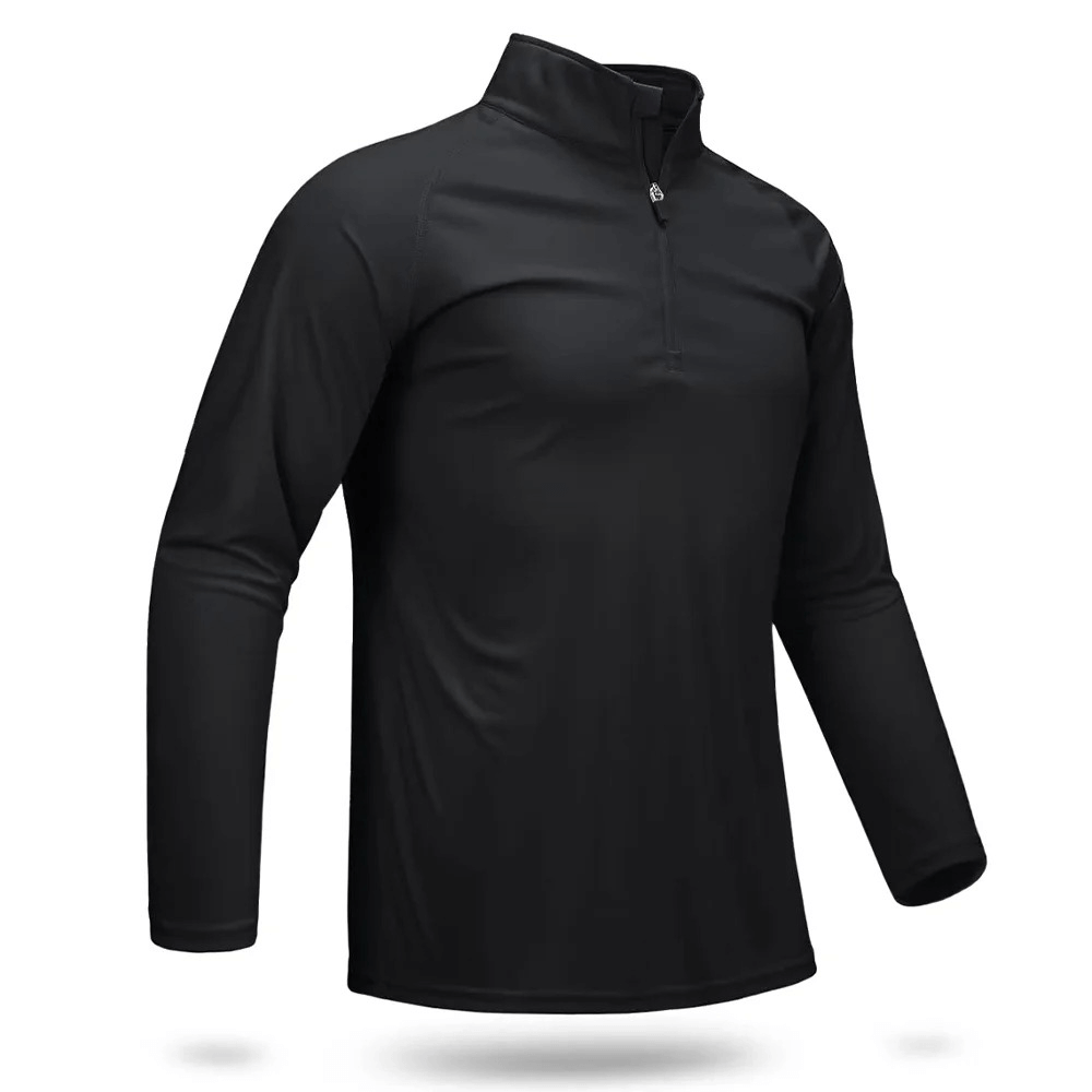 Men's black long sleeve quick dry performance top with 1/4 zip, UV protection, ideal for fishing and hiking. SF2546 code.