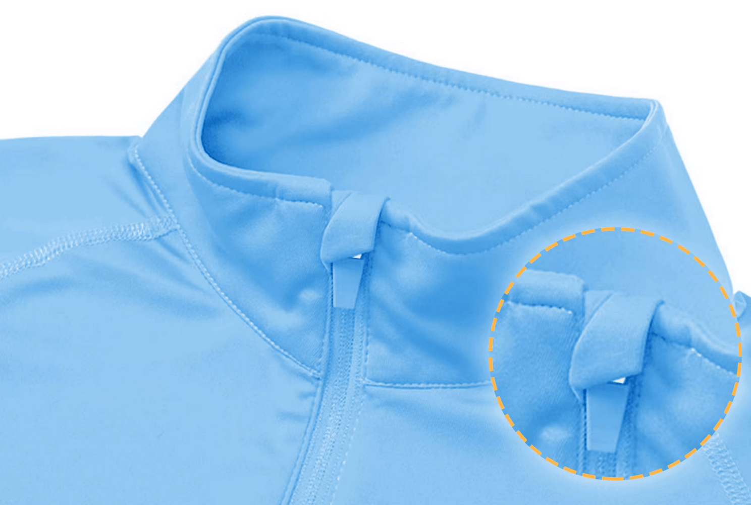 Close-up of a blue long sleeve 1/4 zip performance top collar with UV protection and quick-dry fabric for fishing and hiking.