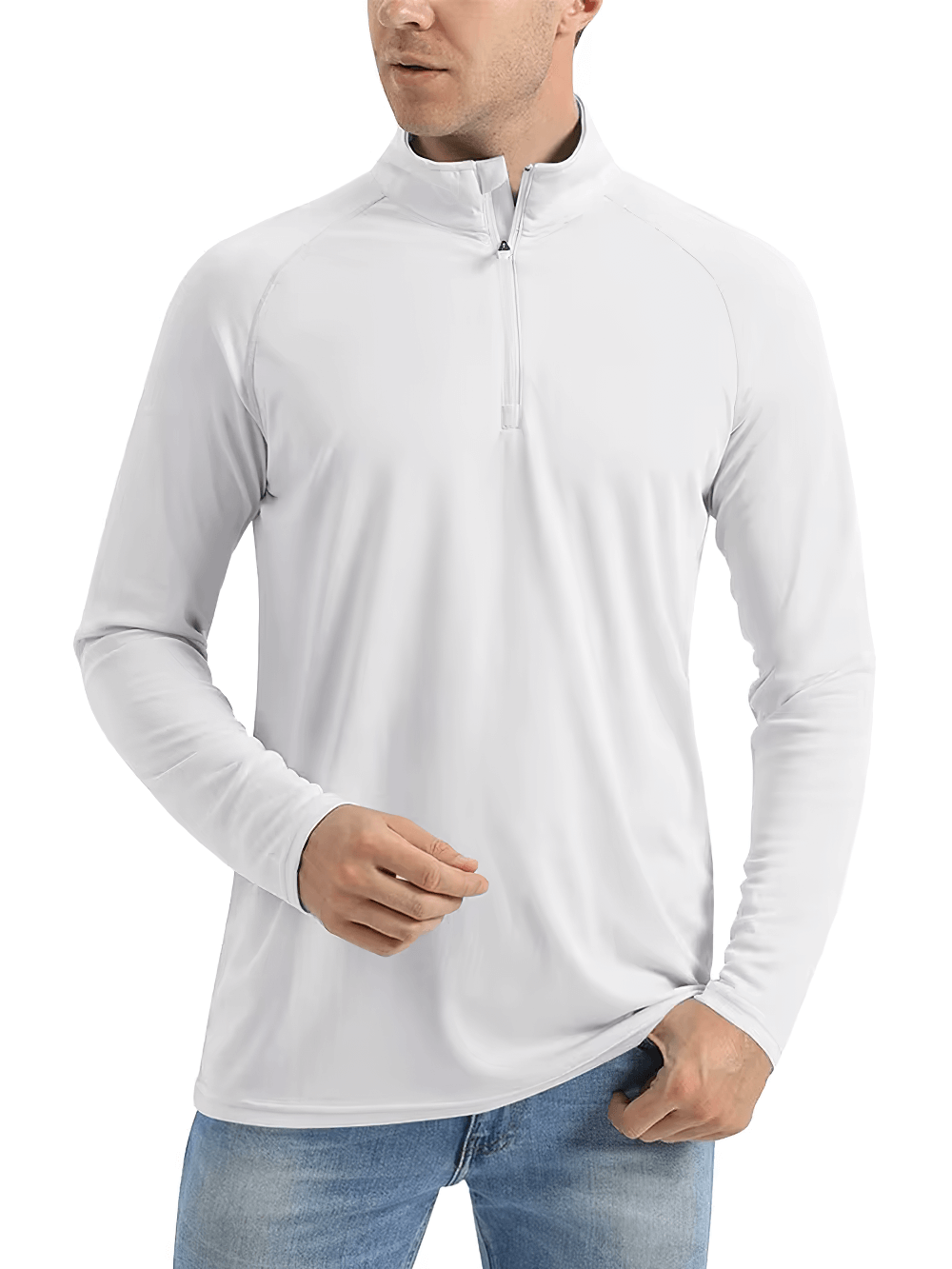 Man wearing a white long-sleeve quick-dry performance top with 1/4 zip, designed for outdoor activities like hiking and fishing.