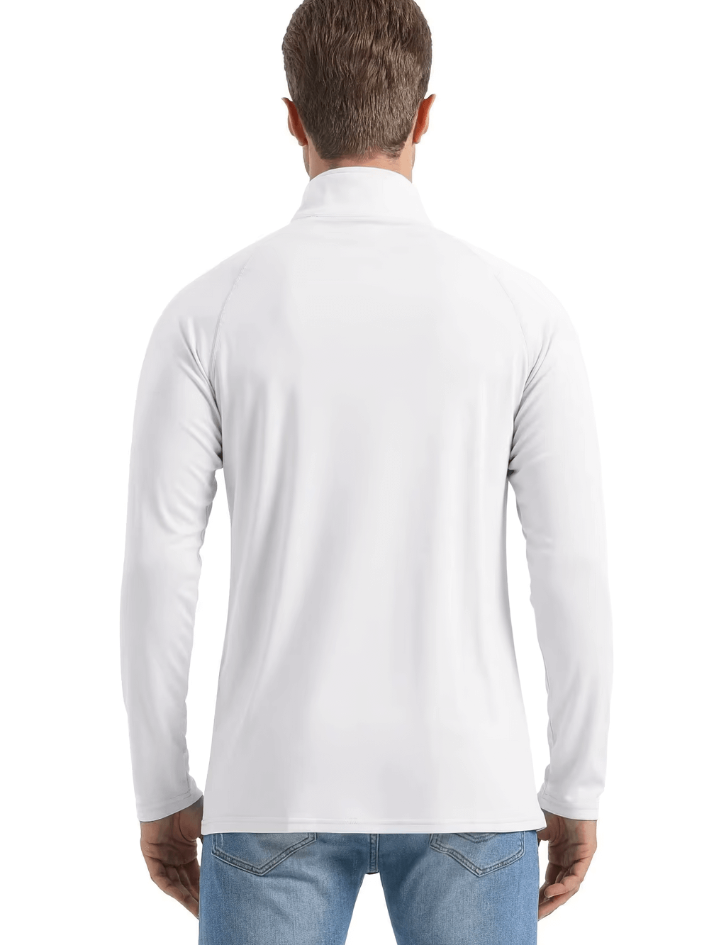 Men's long sleeve zip performance top with UV protection, ideal for fishing and hiking, shown from the back view in white.