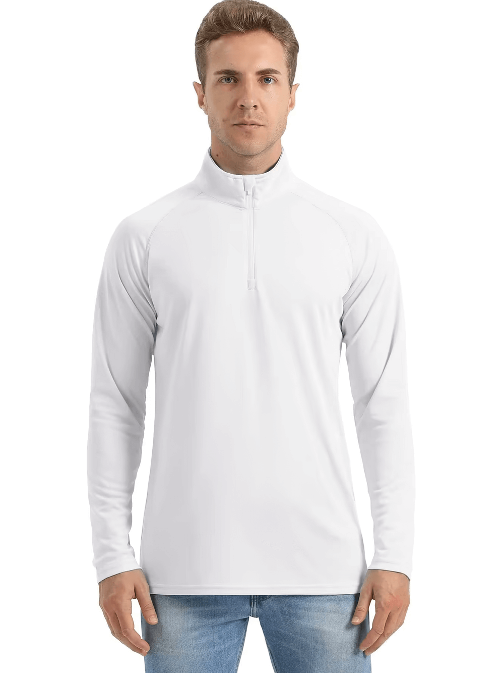 Man wearing white long sleeve zip quick dry performance top for fishing and hiking, featuring UV protection and breathable fabric.