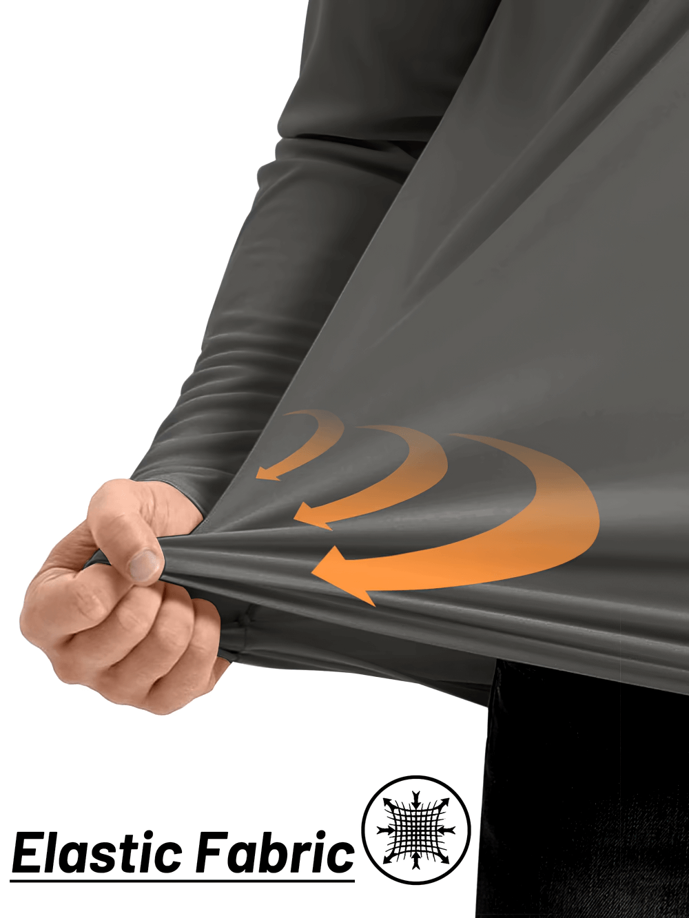 Close-up of stretchy fabric on a male long sleeve zip quick dry performance top, showing elasticity for enhanced movement.