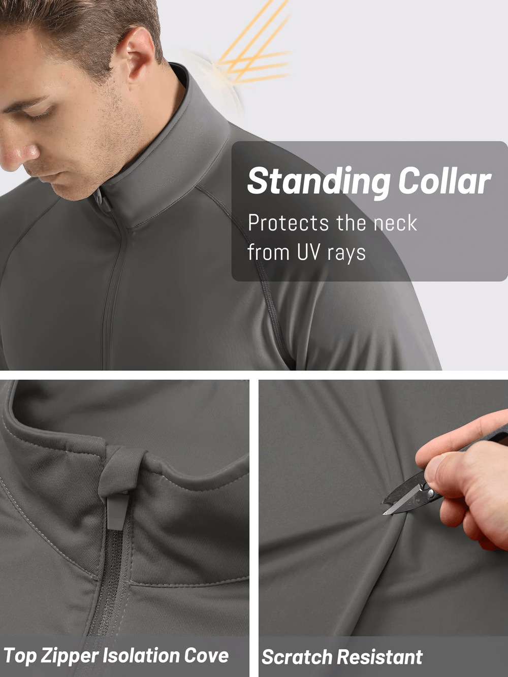 Man wearing a grey long sleeve zip top with UV protection collar, showcasing zipper cover and scratch-resistant fabric.