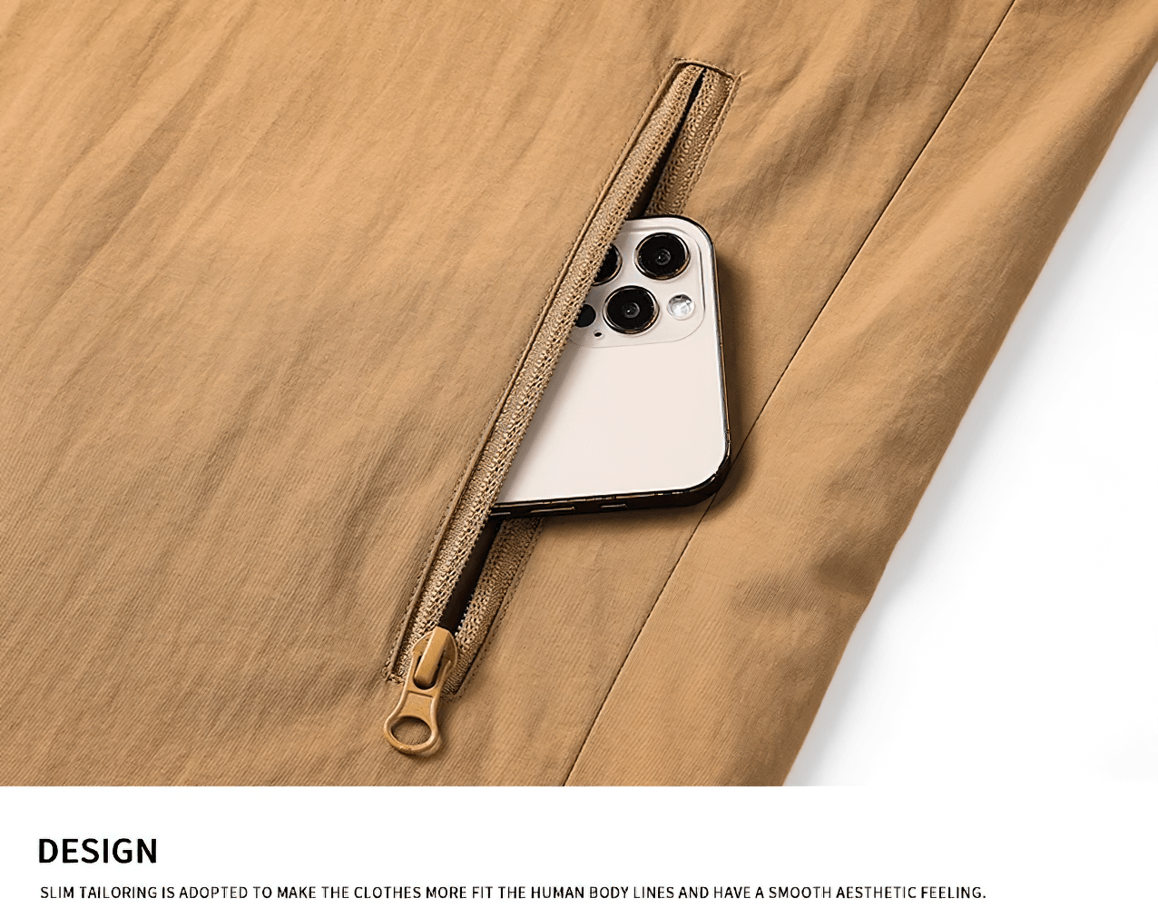 Close-up of a beige jacket pocket with a zipper, holding a smartphone. Waterproof and windproof design for outdoor activities.