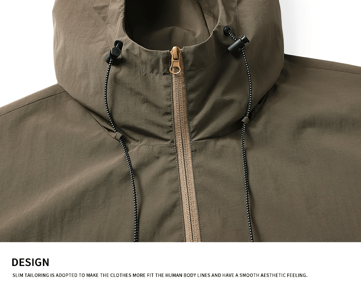 Close-up of a waterproof hooded jacket, showcasing the windproof design and adjustable drawstrings, ideal for outdoor adventures.