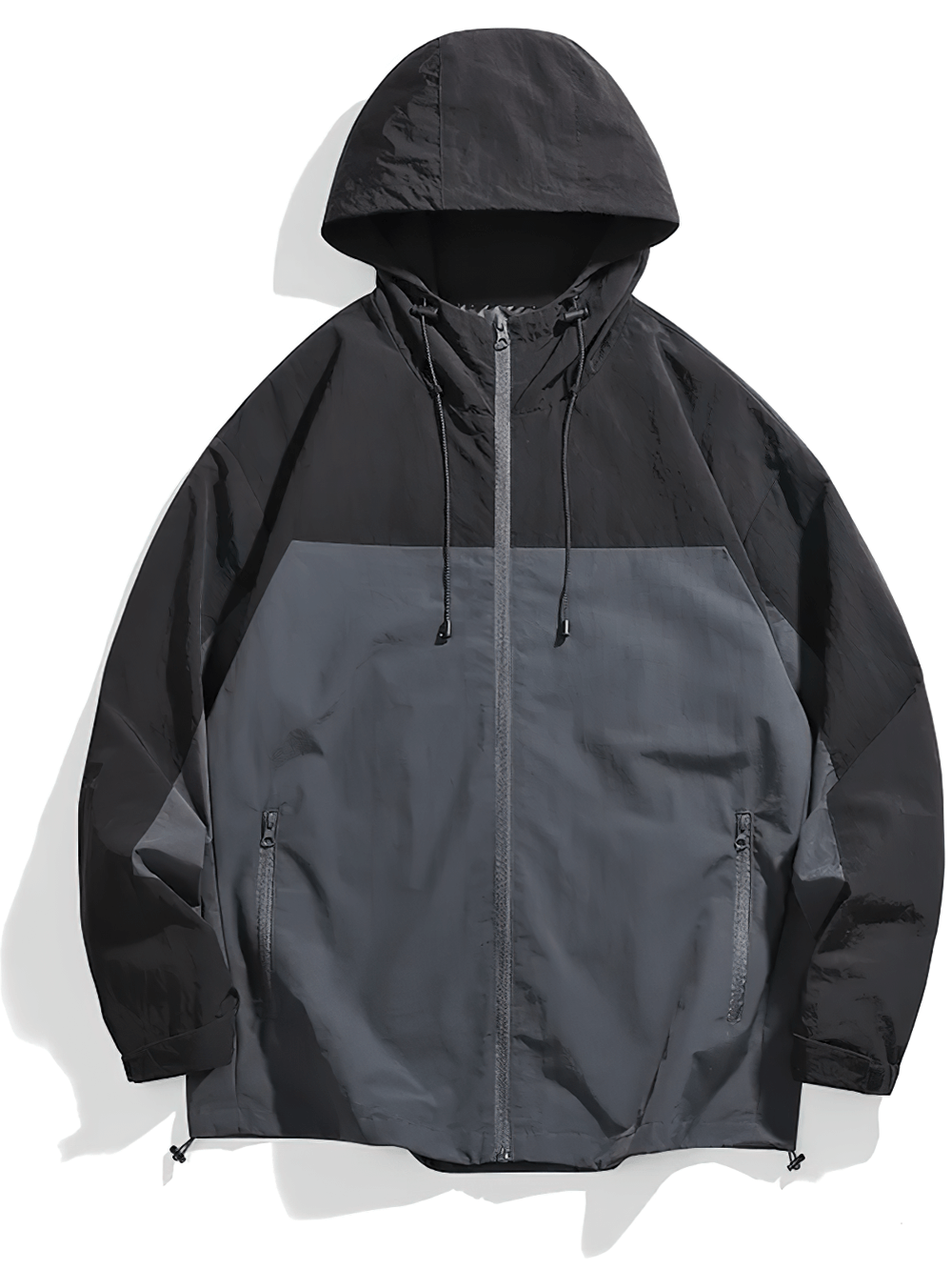 Men's windproof waterproof outdoor jacket SF2289 with hood, black and grey patchwork design, perfect for camping and hiking.