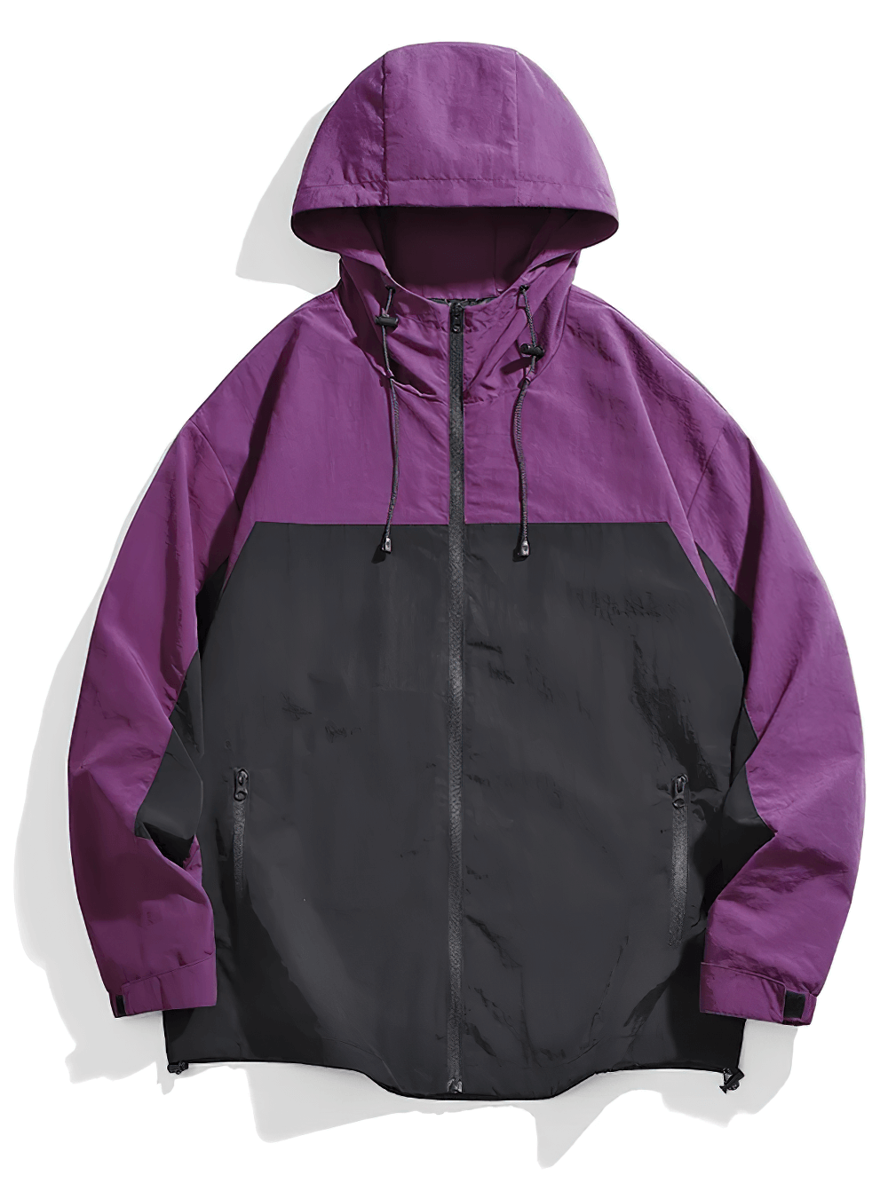 Purple and black men's waterproof hooded patchwork jacket with windproof design, perfect for outdoor adventures.