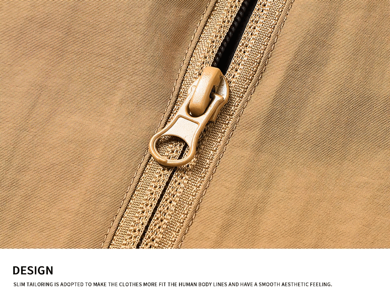 Close-up of beige jacket zipper, highlighting waterproof design and quality craftsmanship.