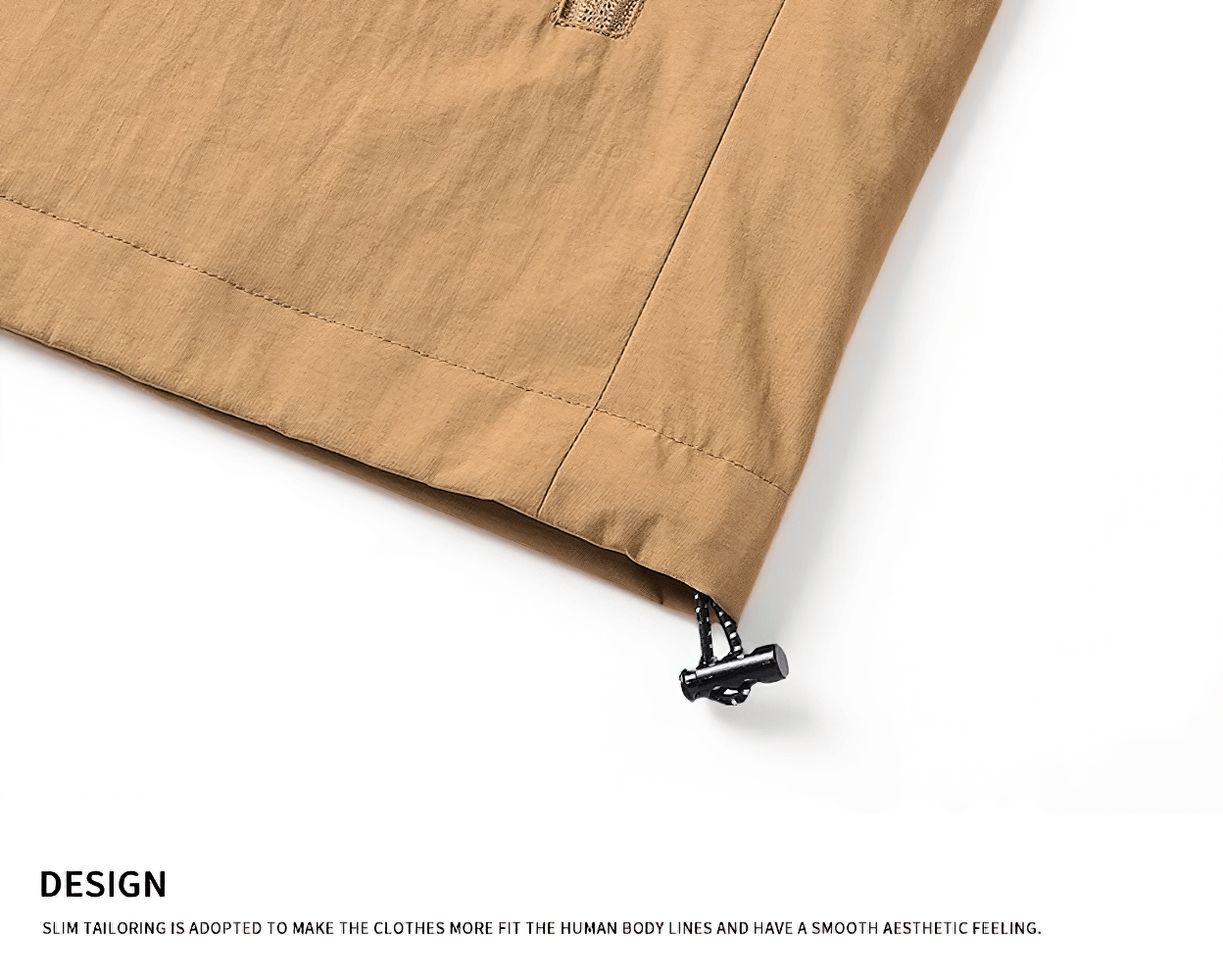 Close-up of waterproof jacket hem with drawstring for tailored fit and protection.