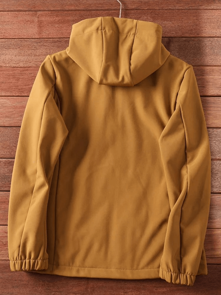 Back view of brown waterproof hiking and camping jacket, ideal for outdoor adventures and varying weather conditions.