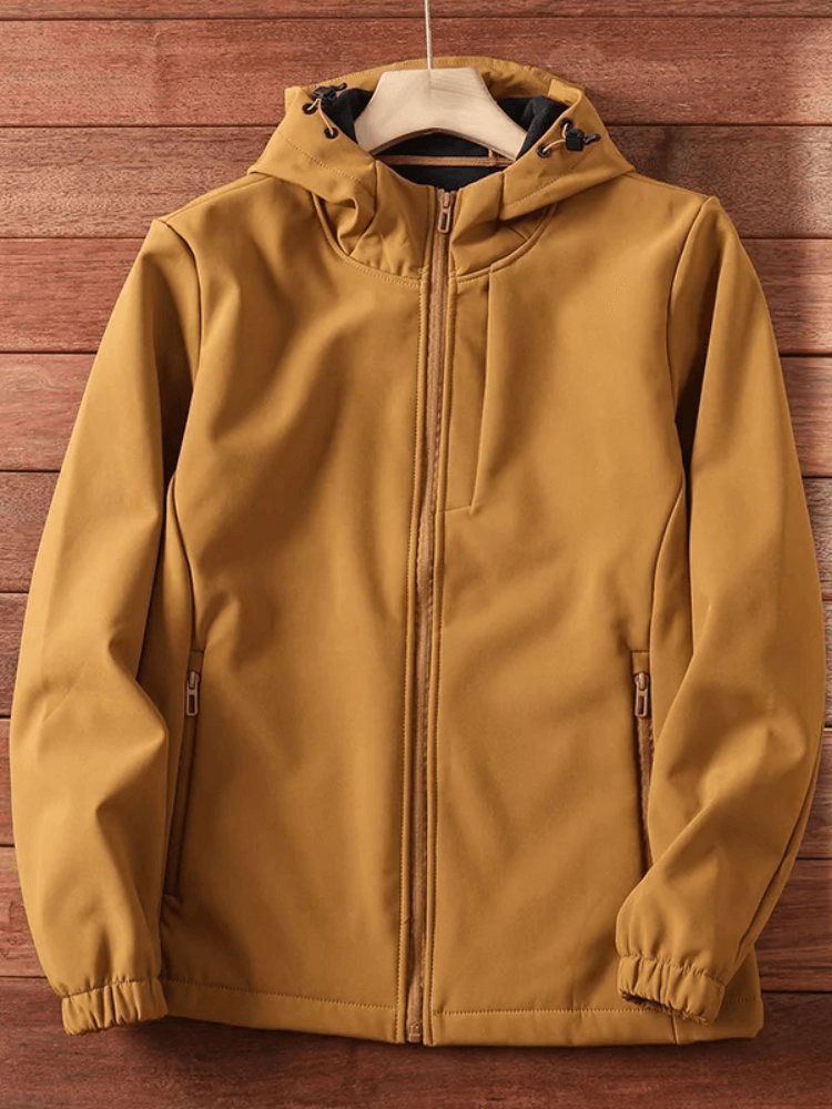 Durable waterproof hiking jacket in ochre, perfect for outdoor camping adventures. Windproof and thermal for climbers, SF2207 model.
