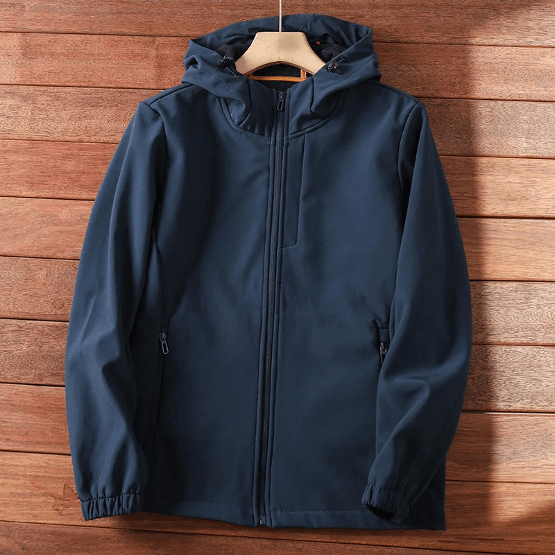 Durable navy outdoor jacket, SF2207, for hiking and camping, featuring waterproof and windproof design with soft cotton lining.