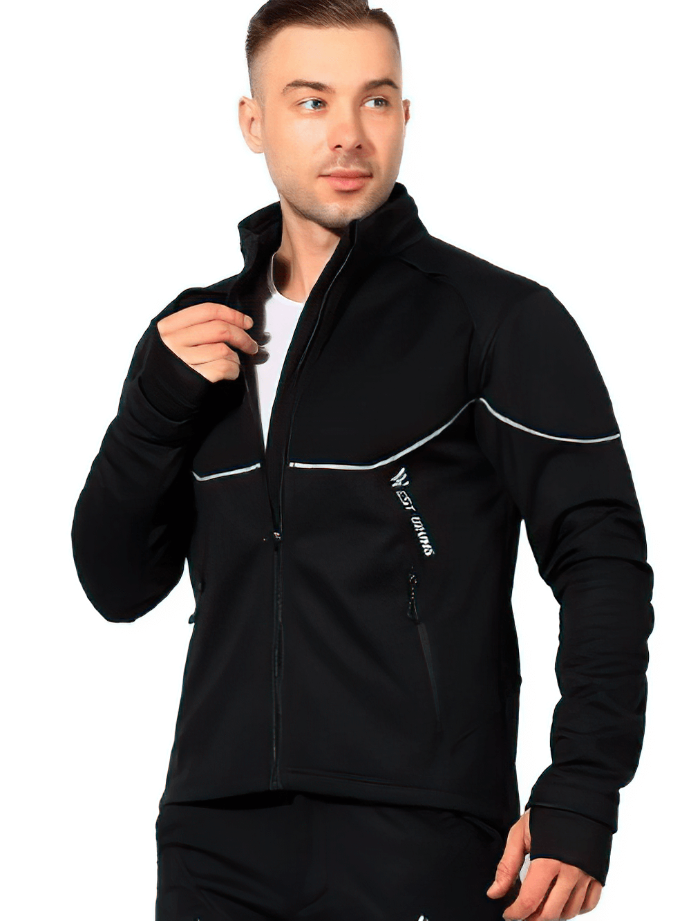 Man wearing a black polar fleece cycling jacket with reflective design and full-length zipper, ideal for outdoor enthusiasts.