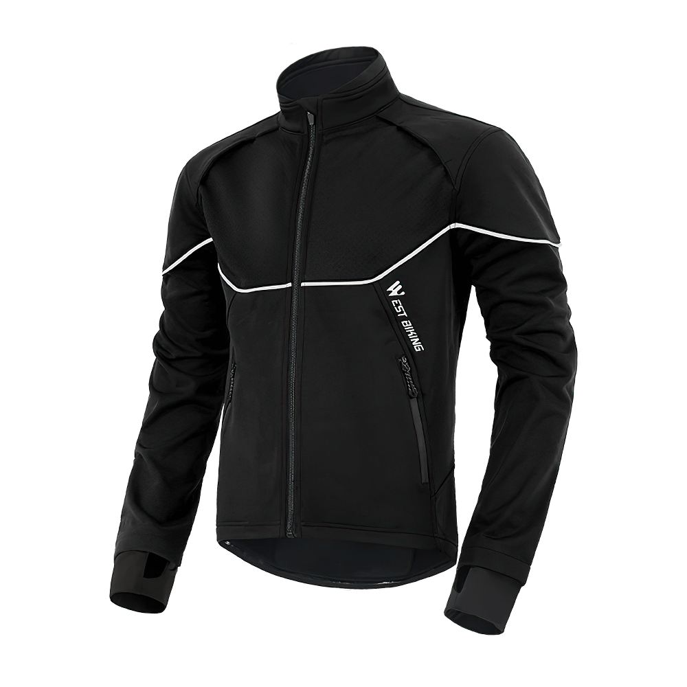 Men's black cycling jacket with reflective details, full zipper, and long sleeves for outdoor riding, providing warmth and visibility.