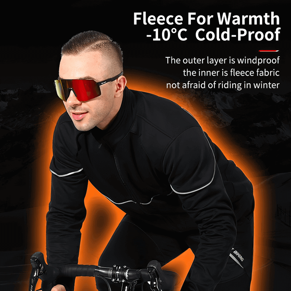 Cyclist in polar fleece jacket SF2637 with reflective design, ideal for cold weather. Features zipper, long sleeves, and safety details.