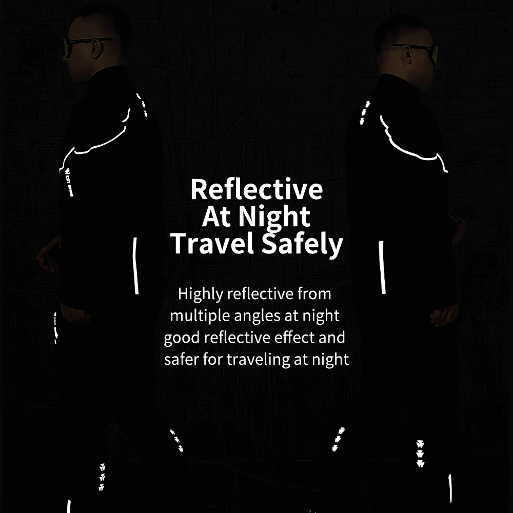 Male wearing reflective cycling jacket at night, highlighting visibility and safety in low light conditions.