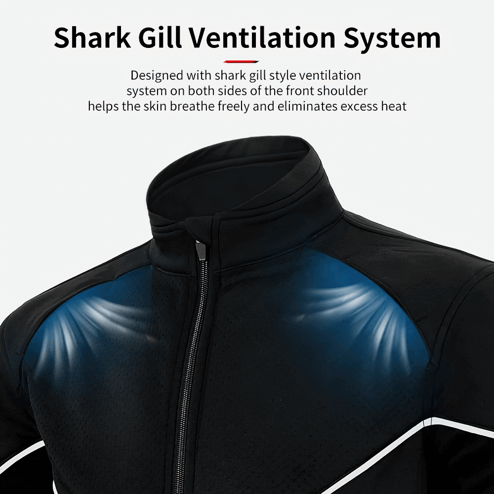 Black cycling jacket featuring shark gill ventilation system for enhanced breathability and comfort, ideal for outdoor activities.