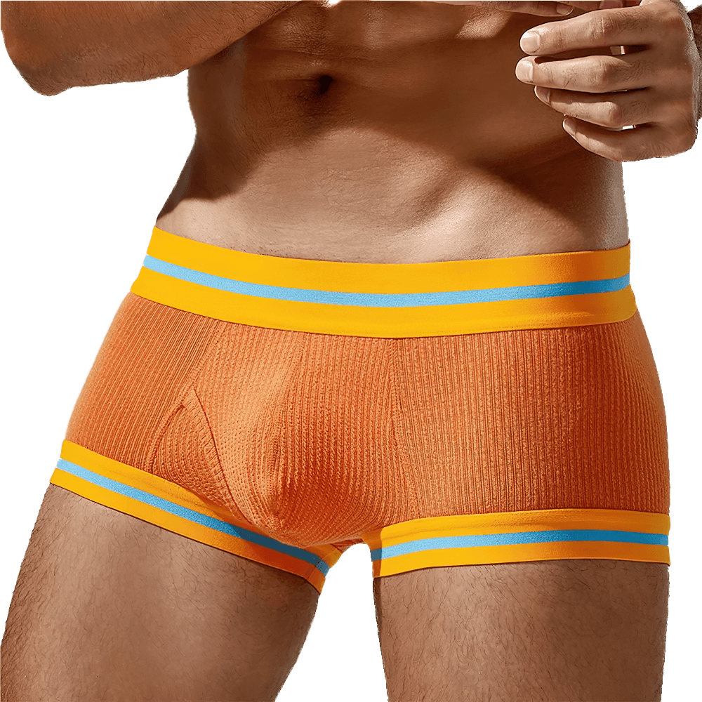 Male Ribbed Athletic Boxer Shorts With Stripe Trim - SF4678 in bold orange color, showcasing the sculpted pouch and stripe trim features.