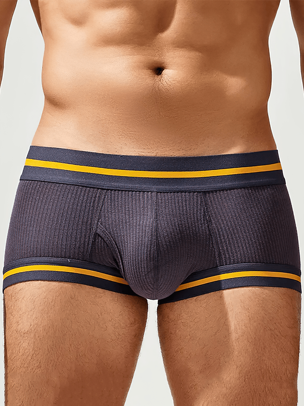 Male Ribbed Athletic Boxer Shorts With Stripe Trim - SF4678 in dark color with sporty waist and leg bands.