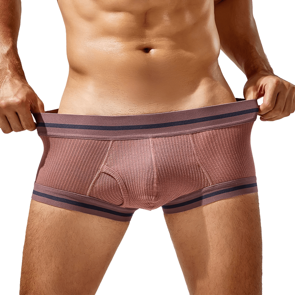 Male Ribbed Athletic Boxer Shorts With Stripe Trim - SF4678 shown in a stylish pose with a sculpted pouch.