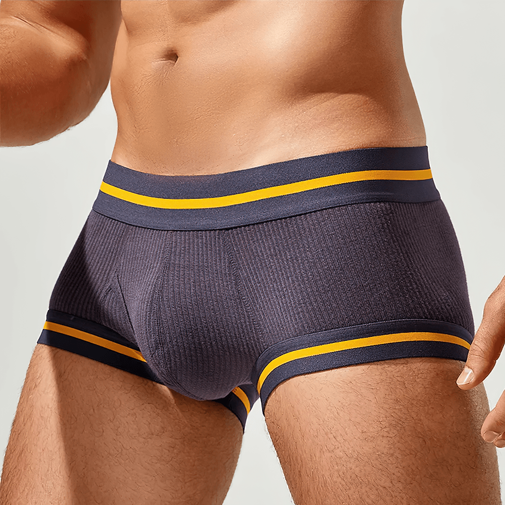 Male Ribbed Athletic Boxer Shorts With Stripe Trim - SF4678 in navy with yellow stripes, perfect for gym and daily wear.