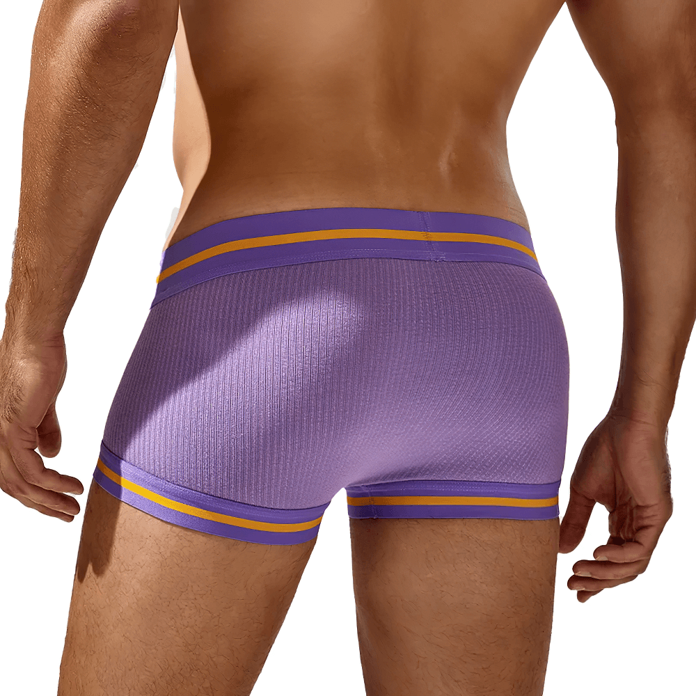 Male Ribbed Athletic Boxer Shorts With Stripe Trim - SF4678 in purple with striped trim, showcasing a sleek fit.