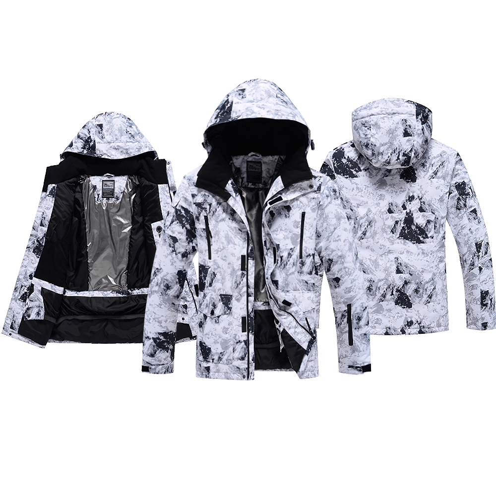 Male stylish ski-ready hooded jacket SF2066 in black and white design, featuring a snug hood and multiple pockets for winter sports.