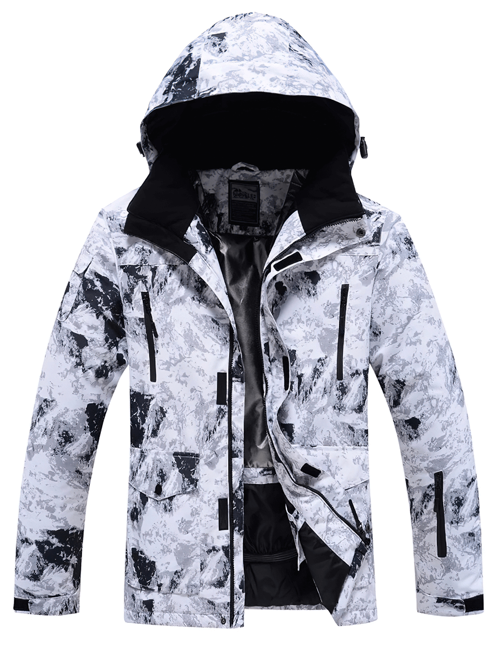 Men's waterproof ski jacket with hood, SF2066, in stylish black and white pattern. Durable and breathable winter sportswear.