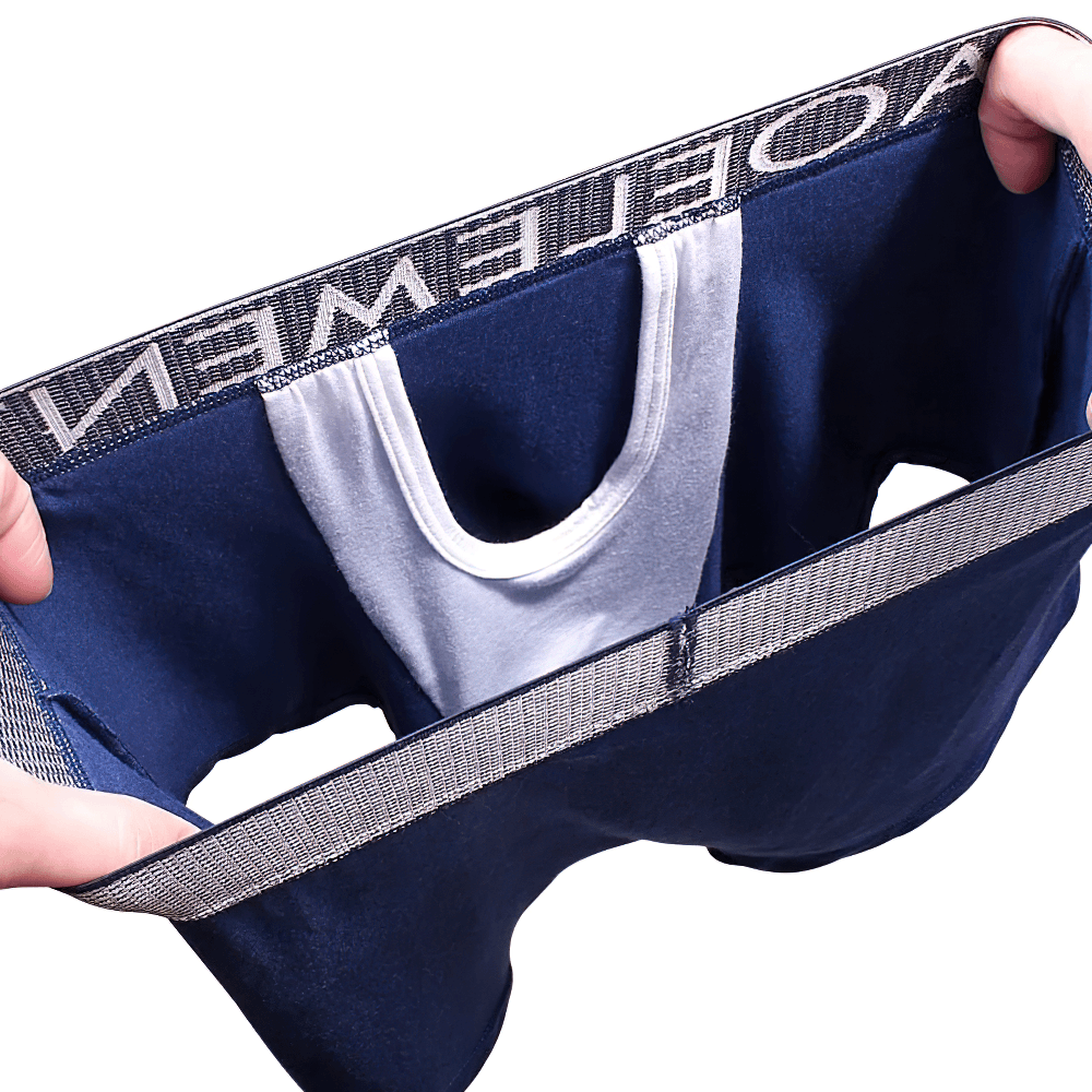 Male U-Convex Pouch Boxer Briefs with Waistband - SF4708 shown from above, featuring a blue design and silver waistband.