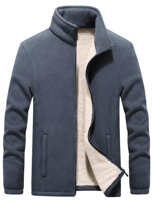 Men's warm fleece jacket with zipper stand collar, perfect for cold weather. Cozy, durable polyester design with convenient pockets.
