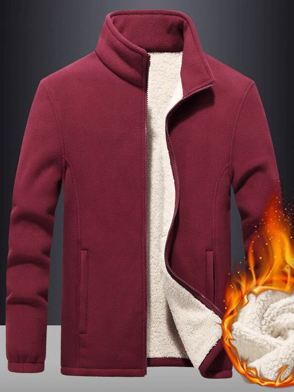Burgundy fleece jacket for men with stand collar and zipper, showcasing cozy lining and warmth, perfect for cold weather.