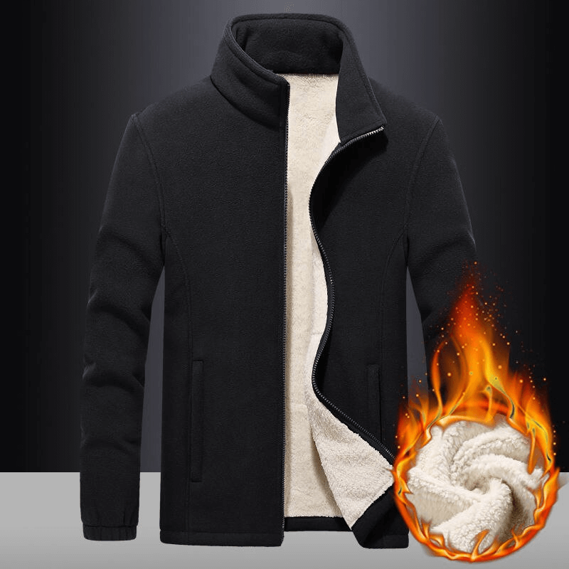 Men's warm fleece jacket with zipper collar, black with cozy lining, perfect for winter. SF1538