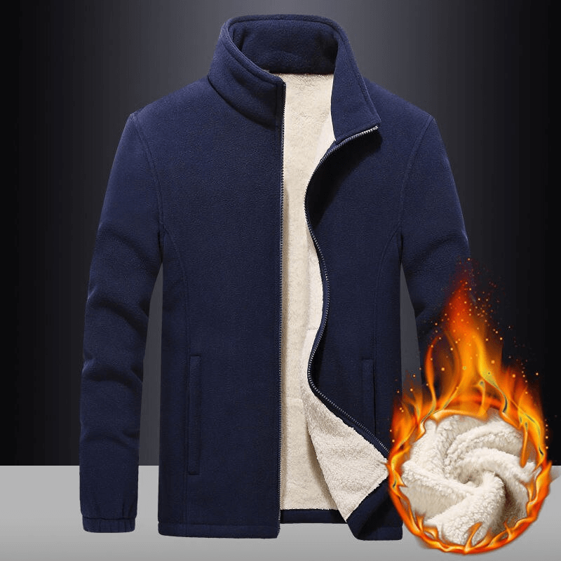 Stylish warm fleece jacket with zipper stand collar, perfect for cold weather. Features a cozy navy blue exterior and plush lining.
