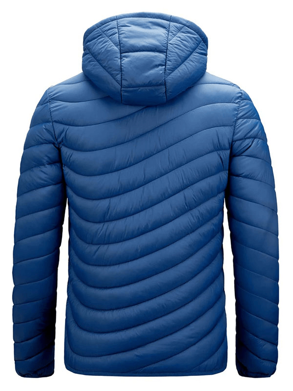 Back view of a blue male warm jacket with removable hood, showcasing polyester material and quilted design, perfect for cold weather.