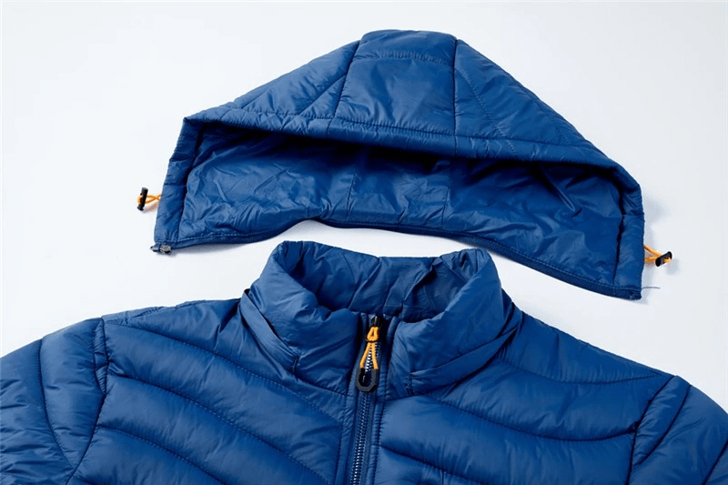 Blue male warm jacket with removable hood, featuring zippered closure and premium polyester material. Windproof and perfect for cold weather.