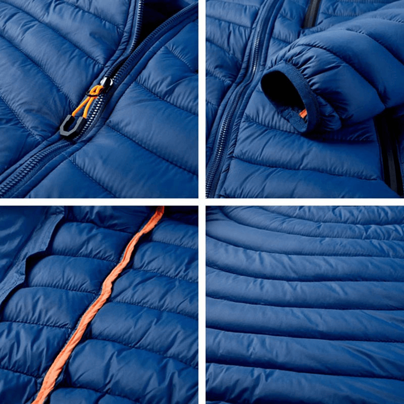Close-up of blue male warm jacket SF1865 showcasing zippered closure, removable hood, and detailed stitching.